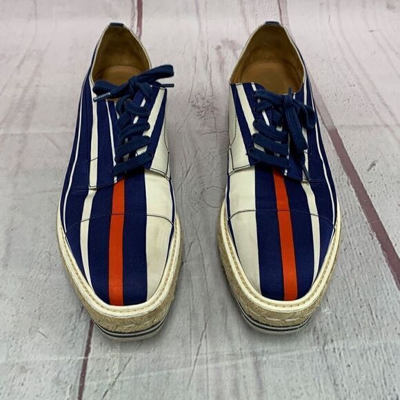 Prada Womens Striped Platform Creeper Oxford Espadrille Navy Red White Size 40.5 - Picture 1 of 16